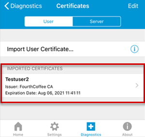 Captura de tela que mostra certificados importados.