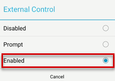 Captura de tela que mostra que a opção Controle Externo está habilitada.