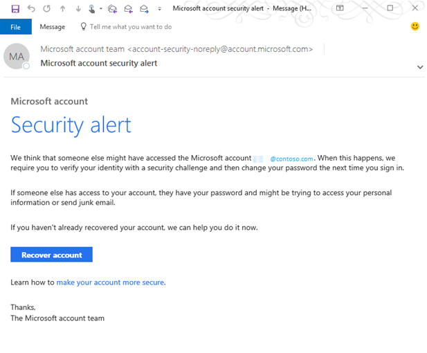 Captura de tela da mensagem de alerta de segurança da conta da Microsoft.
