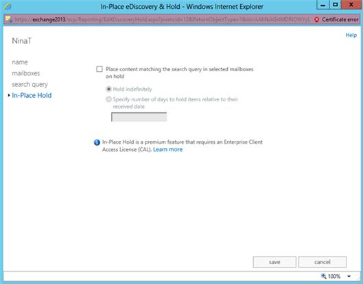A captura de tela da caixa de seleção Colocar conteúdo correspondente à consulta de pesquisa em caixas de correio selecionadas em espera está desmarcada.