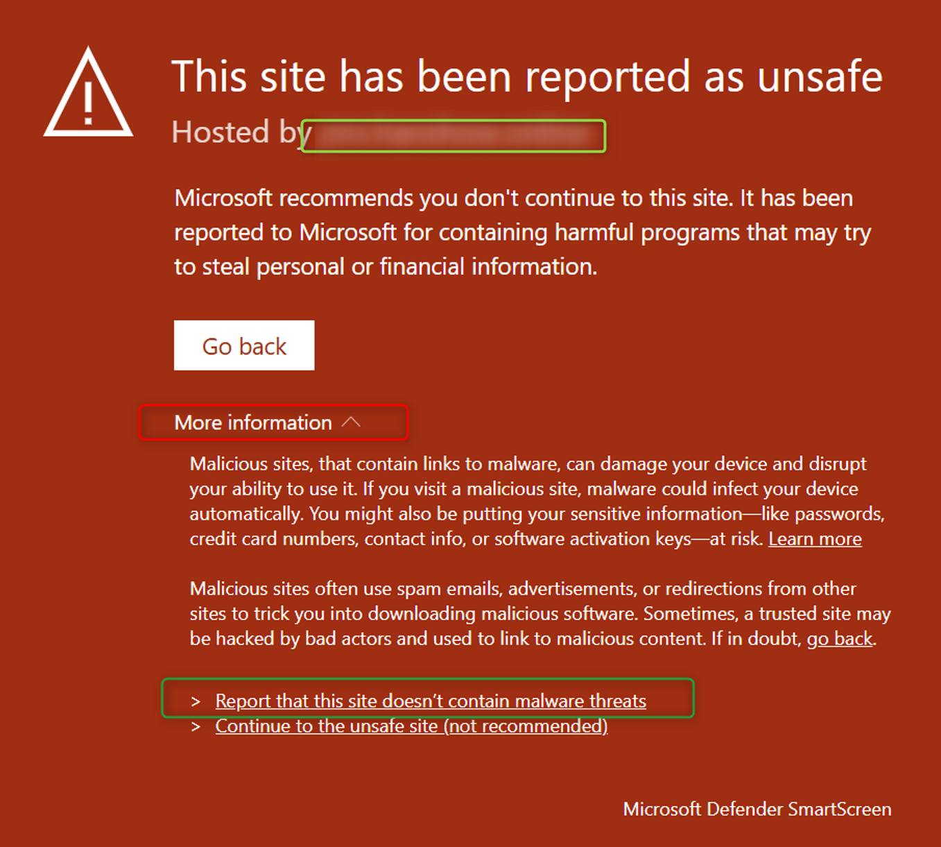Uma página de bloqueio do SmartScreen que tem o link para 'Reportar que este site não contém ameaças de malware' realçado.