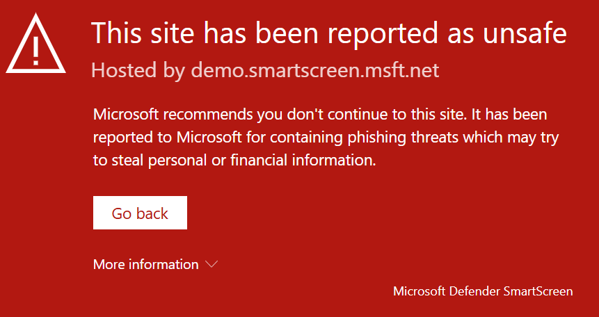Exibição da página de bloqueio do SmartScreen.
