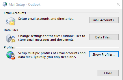 Captura de tela da caixa de diálogo Configuração de Email – Outlook. O botão Mostrar Perfis está realçado.