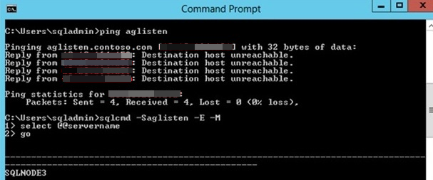 Captura de tela da janela Prompt de Comando quando você pinga no ouvinte para a disponibilidade de aglisten.