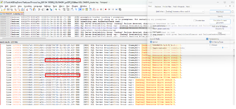Captura de tela que mostra a ferramenta para localizar todos os eventos de integridade no log do cluster.