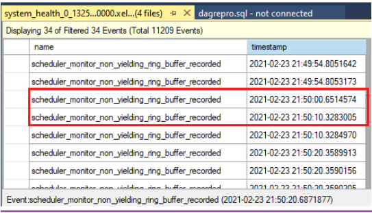 Captura de tela que mostra eventos não produtivos que ocorreram durante a integridade marcar tempo limite.