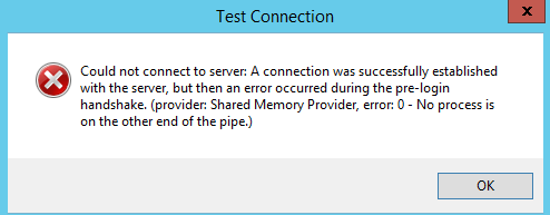 Captura de tela de um erro de conexão de teste depois que os provedores cliente foram atualizados para uma versão que dá suporte ao TLS 1.2.