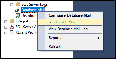 Captura de tela da opção enviar email de teste que mostra depois de clicar com o botão direito do mouse em Database Mail.