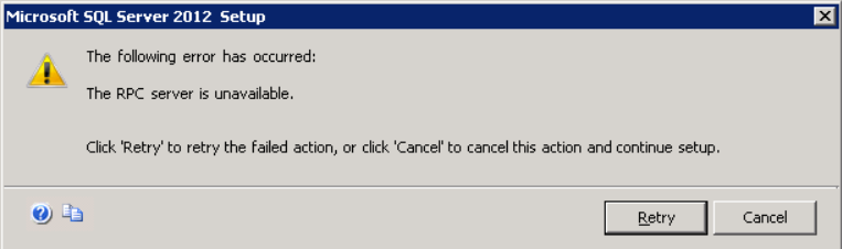Captura de tela de uma mensagem de erro informando que o seguinte erro ocorreu: o servidor RPC não está disponível.