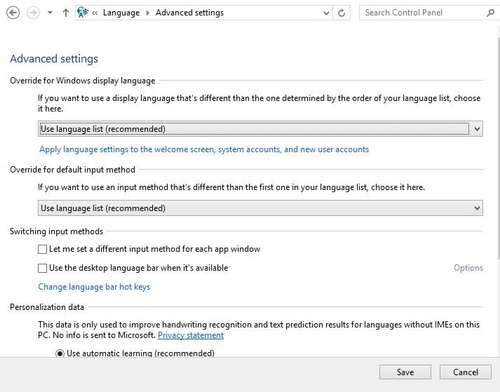 Selecione as opções Usar lista de idiomas (recomendado) em Configurações avançadas.