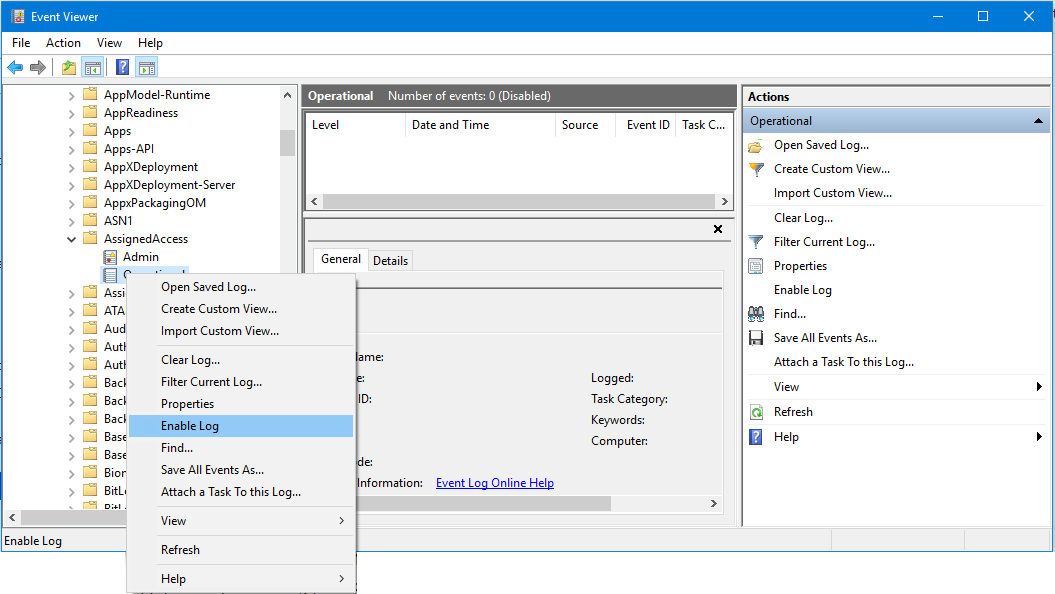 Captura de tela do Visualizador de Eventos com Habilitar Log selecionado no menu, que mostra clicando com o botão direito do mouse em Operacional.
