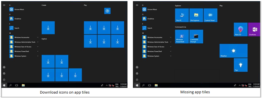 Capturas de tela que mostram ícones de download em blocos de aplicativo e blocos de aplicativo ausentes.