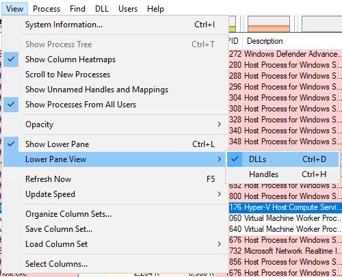 Captura de tela da opção Modo de Exibição do Painel Inferior do menu Exibir em Process Explorer.