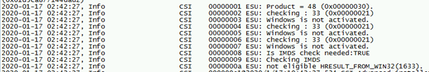 Captura de tela de um exemplo de entradas de log da CBS para chave do Windows no intervalo de chaves do Windows Embedded, que contém a saída acima.