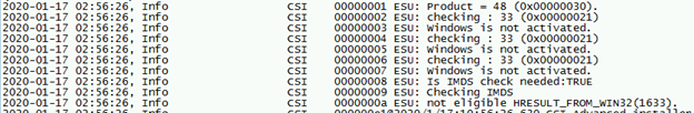 Captura de tela de um exemplo de entradas de log da CBS para chave do Windows fora do intervalo de chaves do Windows Embedded, que contém a saída acima.