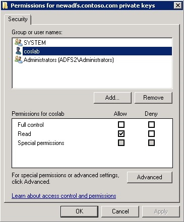 Captura de tela da janela de permissão que mostra que a conta do AD FS tem a permissão De leitura.
