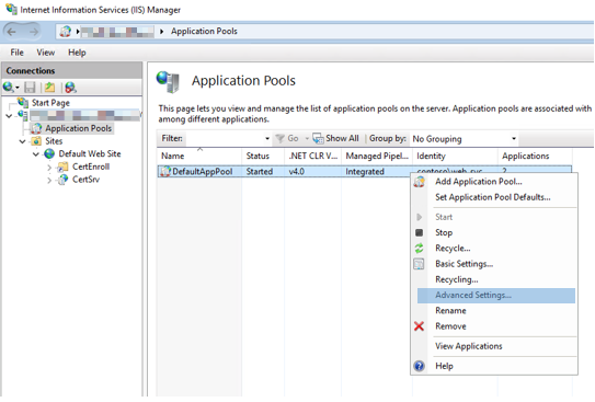 Configurar configurações avançadas de pools de aplicativos.