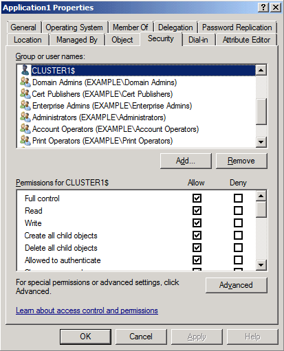 Captura de tela mostrando que a conta de nome do cluster está listada e tem a permissão de controle completo.