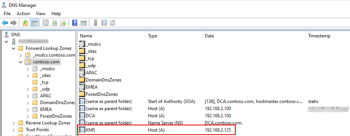 Captura de tela do DNS Manager com a pasta KMS selecionada.