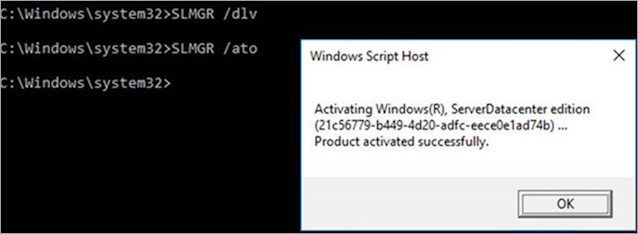 Captura de tela da janela Prompt de Comando mostrando o comando slmgr/ato e a mensagem resultante do produto ativado com êxito.