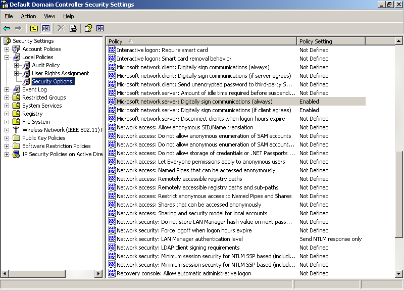 Captura de tela da janela Configurações de Segurança do Controlador de Domínio Padrão com opções de segurança selecionadas.