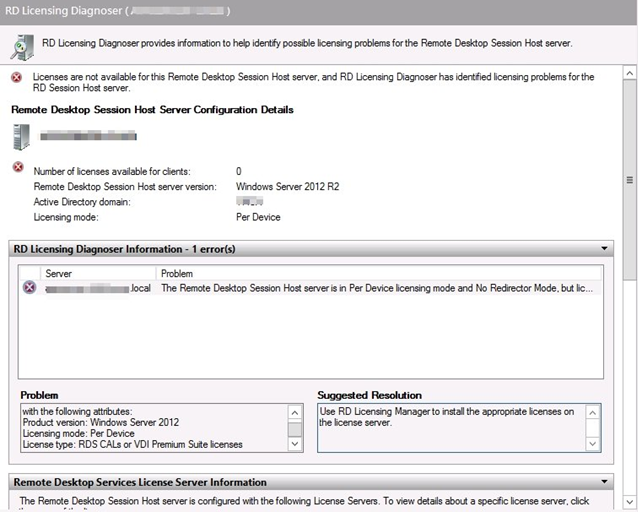Captura de tela da caixa de diálogo do Diagnóstico de Licenciamento de Área de Trabalho Remota.