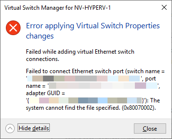 Captura de tela da mensagem de erro que mostra Erro ao aplicar alterações nas propriedades do switch virtual.