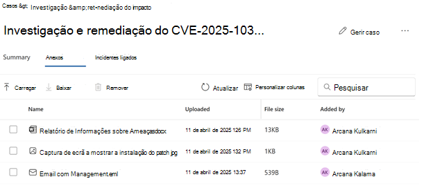 Captura de ecrã a mostrar os detalhes do separador Anexos de um caso.