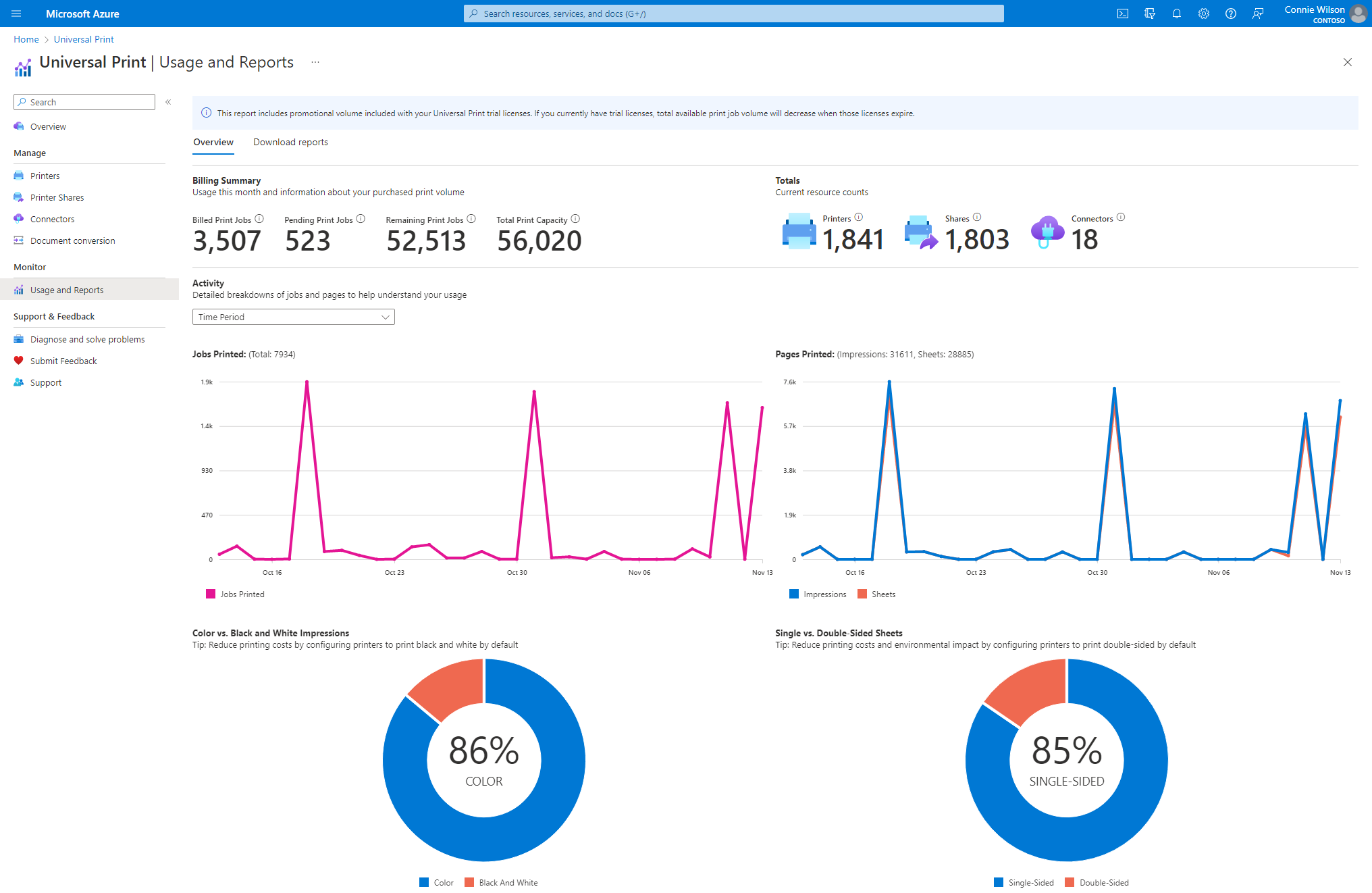 Uma captura de tela da página Uso e Relatórios no Portal do Azure