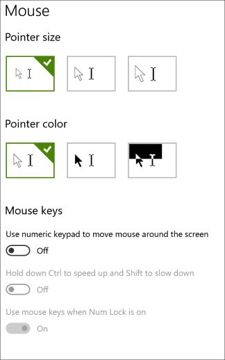Página de configurações do mouse nas configurações de Facilidade de Acesso do Windows