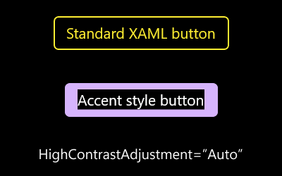 exemplo de botões com HighContrastAdjustment definido como automático.