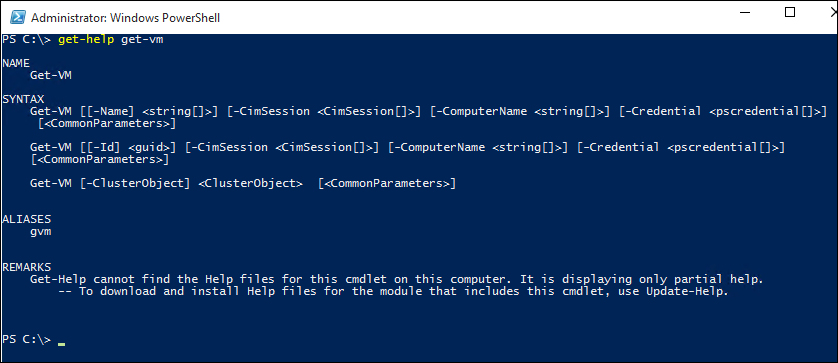 Captura de tela da tela Administrador do Windows Power Shell mostrando a saída de como estruturar os comandos.