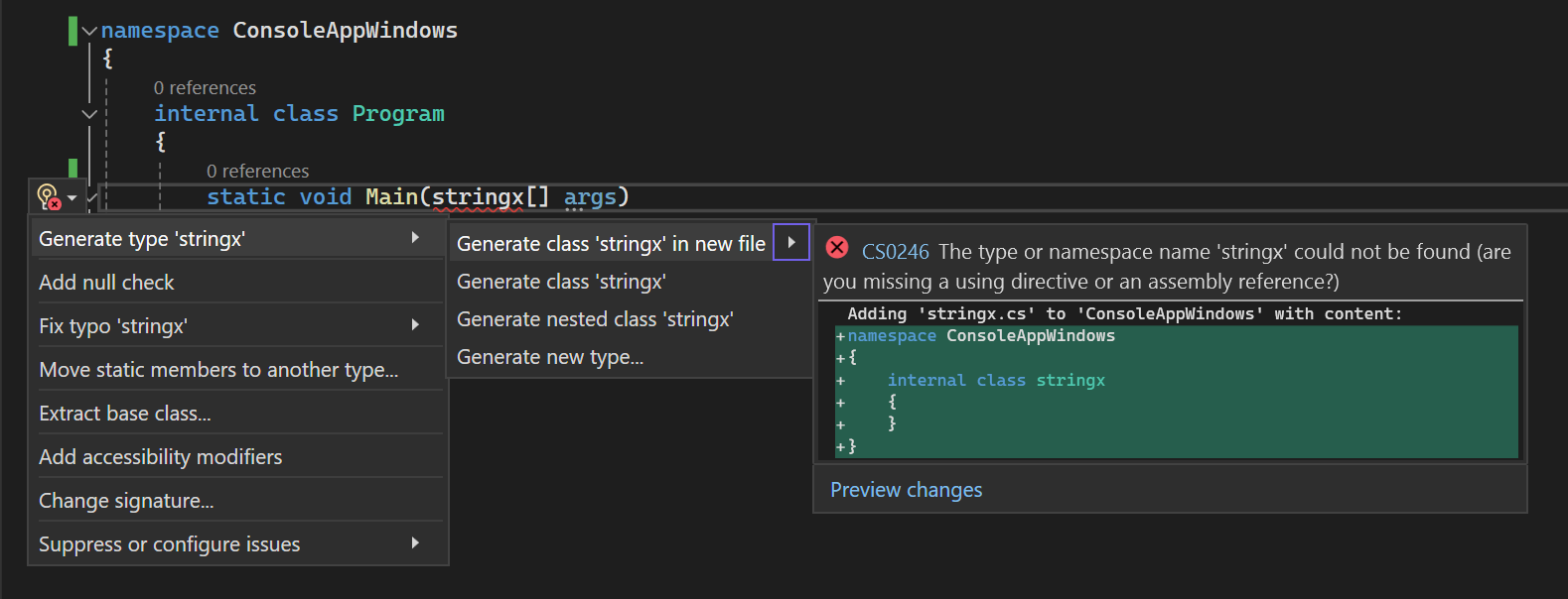 Captura de tela que mostra uma violação do analisador e uma correção de código de Ação Rápida no editor de código.