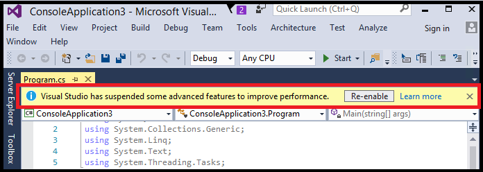 Captura de tela que mostra o aviso de alerta de que o Visual Studio está minimizando o escopo da análise.
