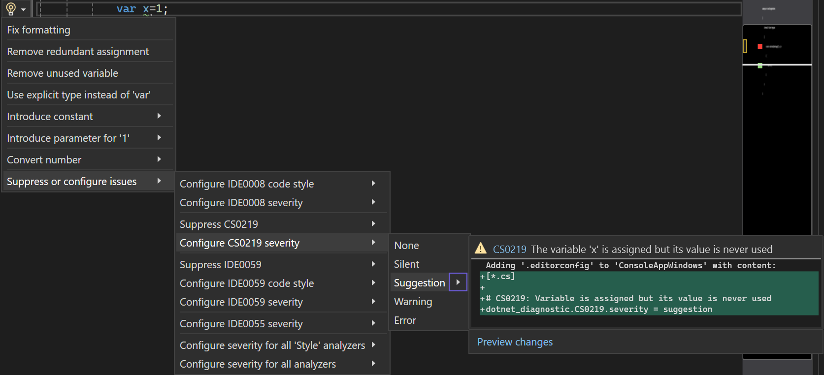Captura de tela que mostra a gravidade da regra selecionada no menu do Visual Studio 2022.