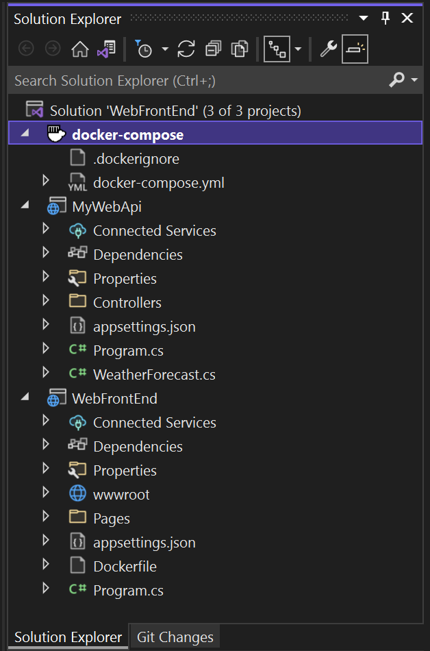 Screenshot of Solution Explorer with docker-compose project added.