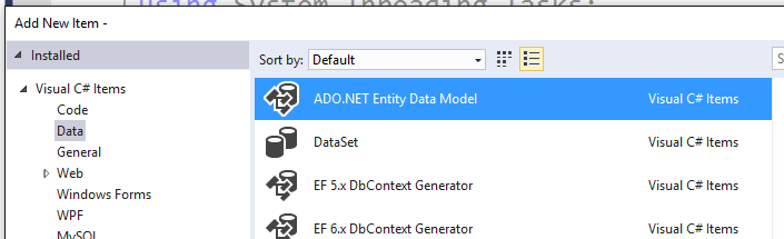 Novo item de projeto de modelo do Entity Framework
