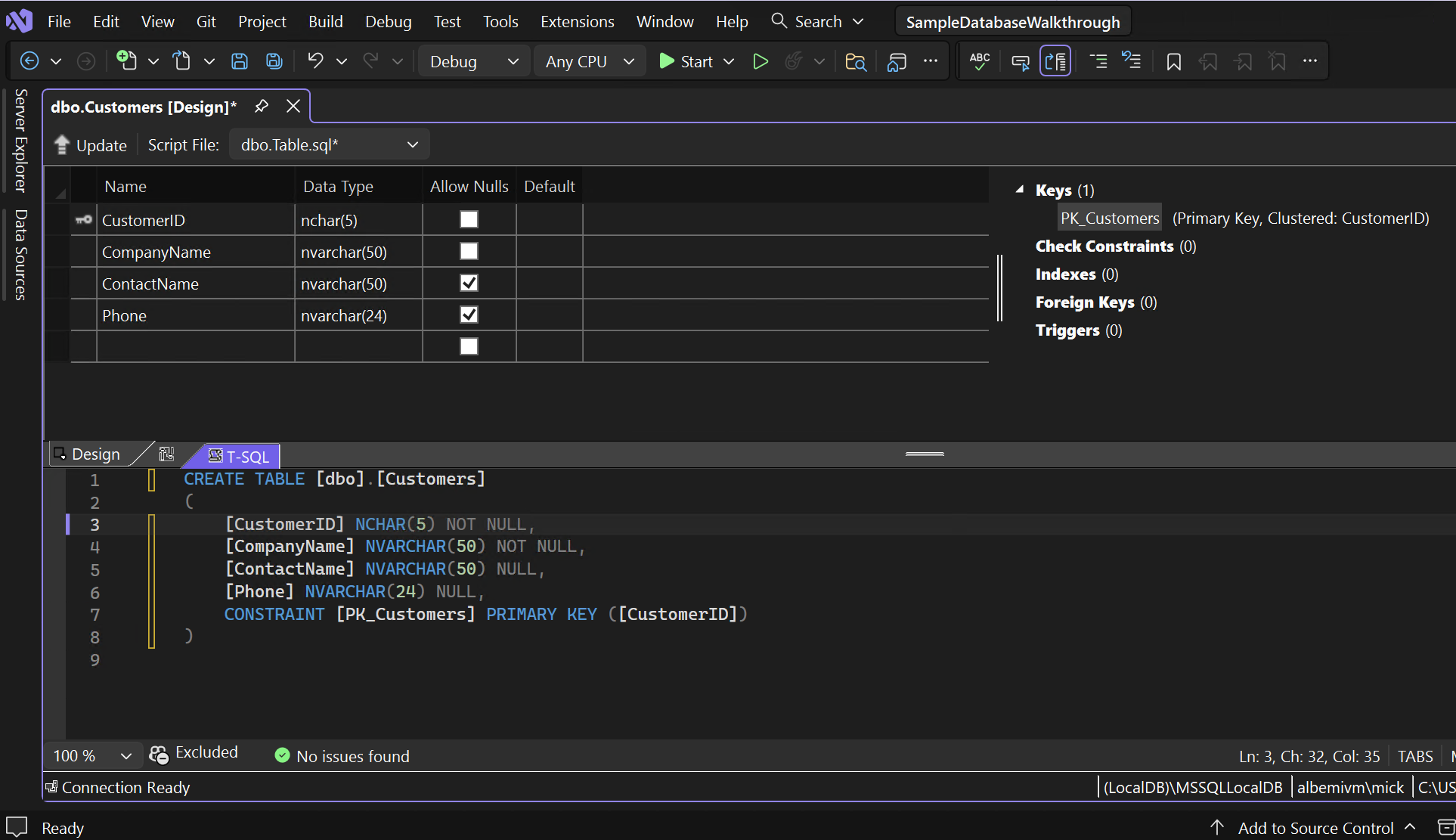 Captura de tela que mostra o Designer de Tabela.