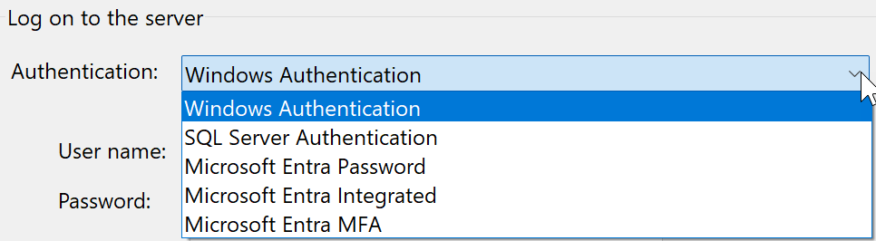 Captura de tela mostrando tipos de autenticação para o Visual Studio 17.8 e posterior.