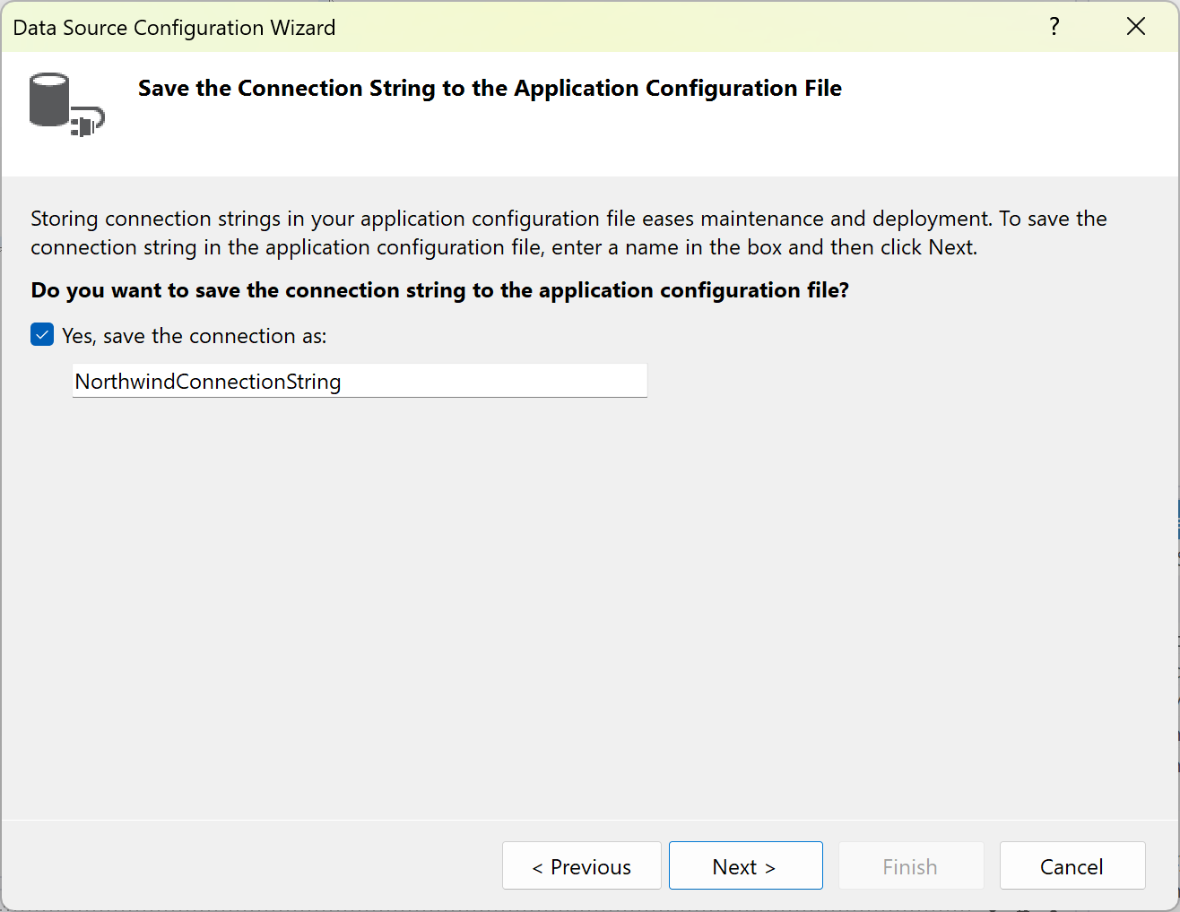 Captura de tela mostrando a opção de salvar a cadeia de conexão no arquivo de configuração de aplicativo.