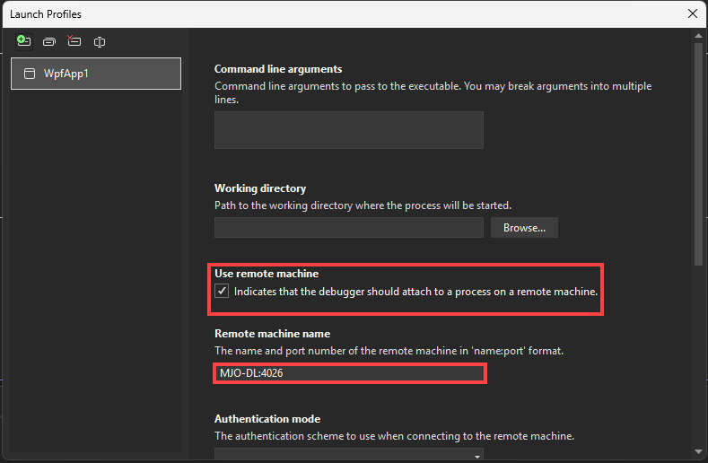 Screenshot da UI do perfil de inicialização de depuração nas Propriedades do Projeto do Visual Studio para C# e .NET.