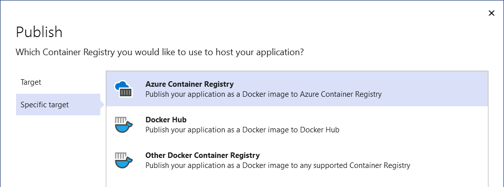Captura de tela mostrando as opções Publicar no Registro de Contêiner do Docker.