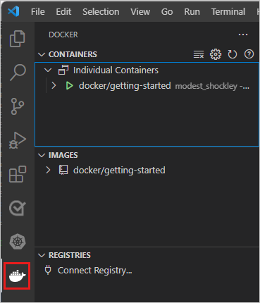 Captura de tela que mostra a extensão do Docker com o tutorial do docker/introdução em execução.
