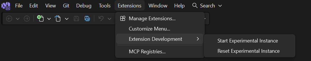 Captura de tela mostrando comandos de menu para redefinir ou iniciar a instância experimental do Visual Studio.