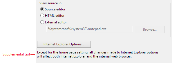 Captura de tela mostrando o botão Opções do Internet Explorer com texto suplementar abaixo dele que descreve o impacto da alteração das configurações de opção.