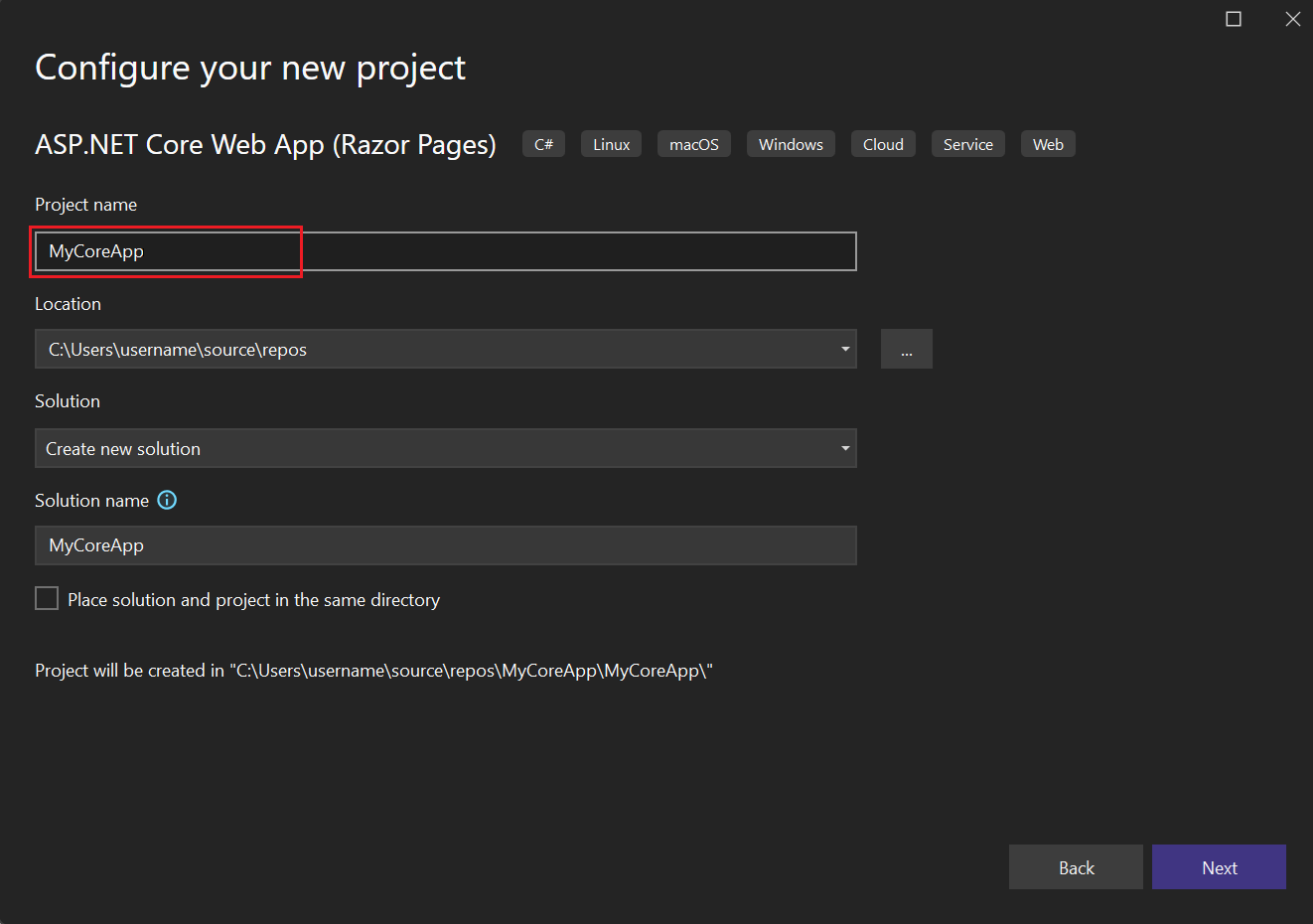 Captura de tela que mostra a janela Configurar seu novo projeto no Visual Studio com MyCoreApp inserido no campo Nome do Projeto.