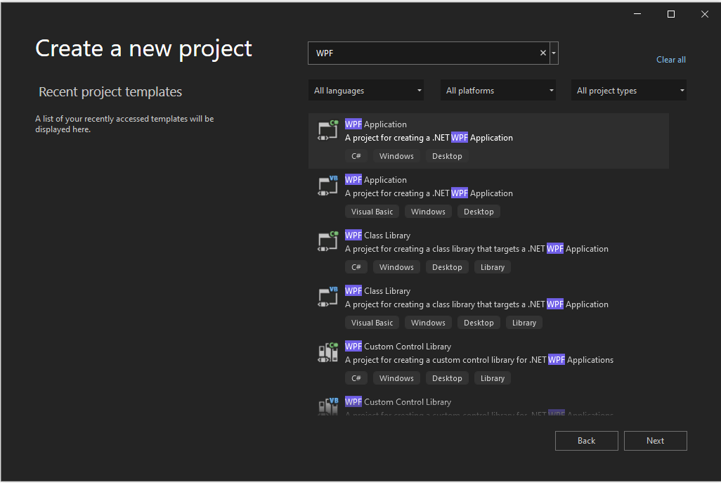 Captura de tela da caixa de diálogo 'Criar um novo projeto' com 'WPF' na caixa de pesquisa e o modelo 'Aplicativo WPF' realçado.