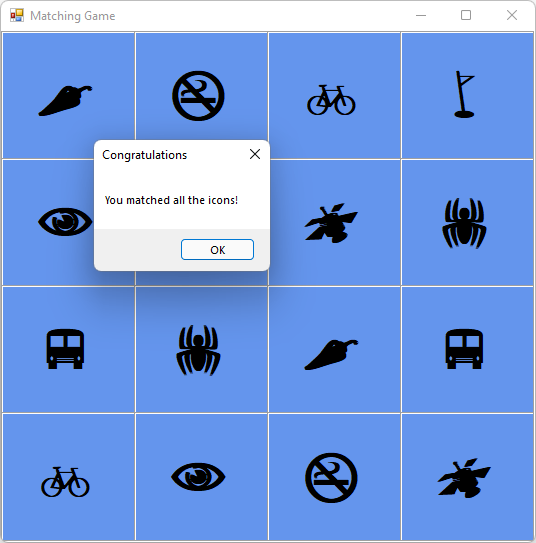 Screenshot shows the Matching game with a MessageBox.