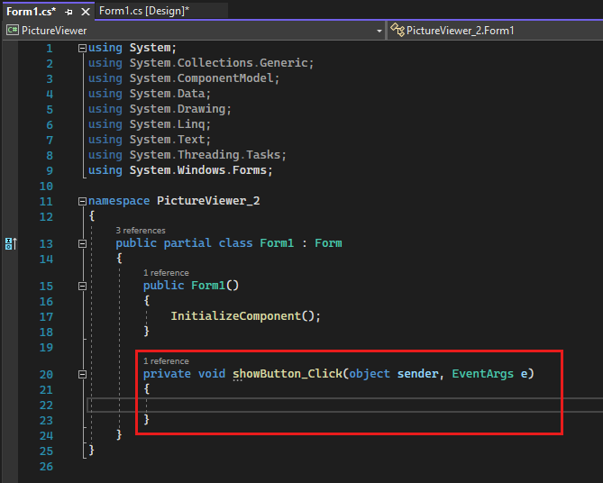 Captura de tela mostra a guia Form1.cs com código nítido do Visual C.