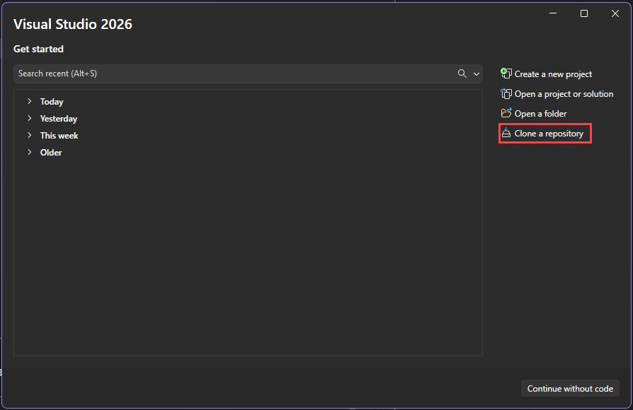 Captura de tela da caixa de diálogo Clonar um Repositório no Visual Studio.